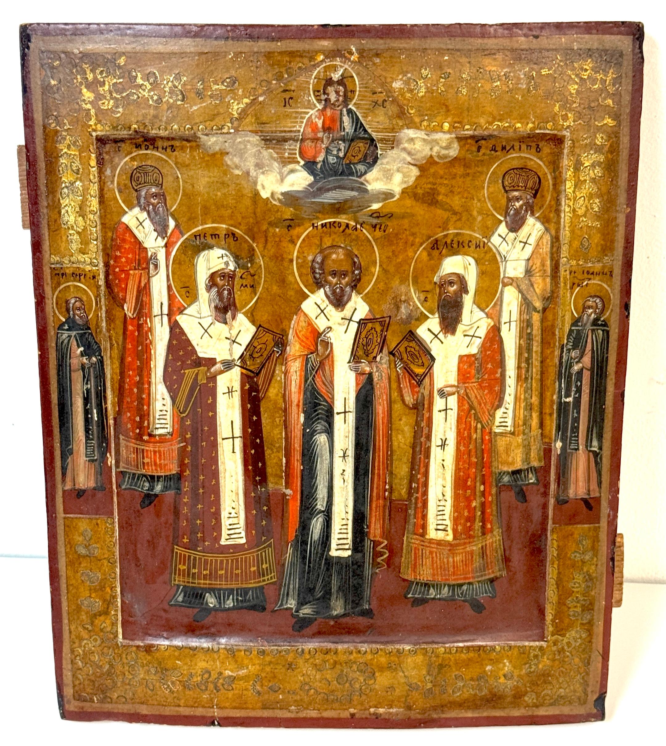19th-Century Russian Icon of the Synaxis of Hierarch Saints with Christ Pantokrator, with Inscribed Dedication, circa 1850

A beautiful 19th-century Russian Orthodox icon depicting the Synaxis of Hierarch Saints beneath a vision of Christ
