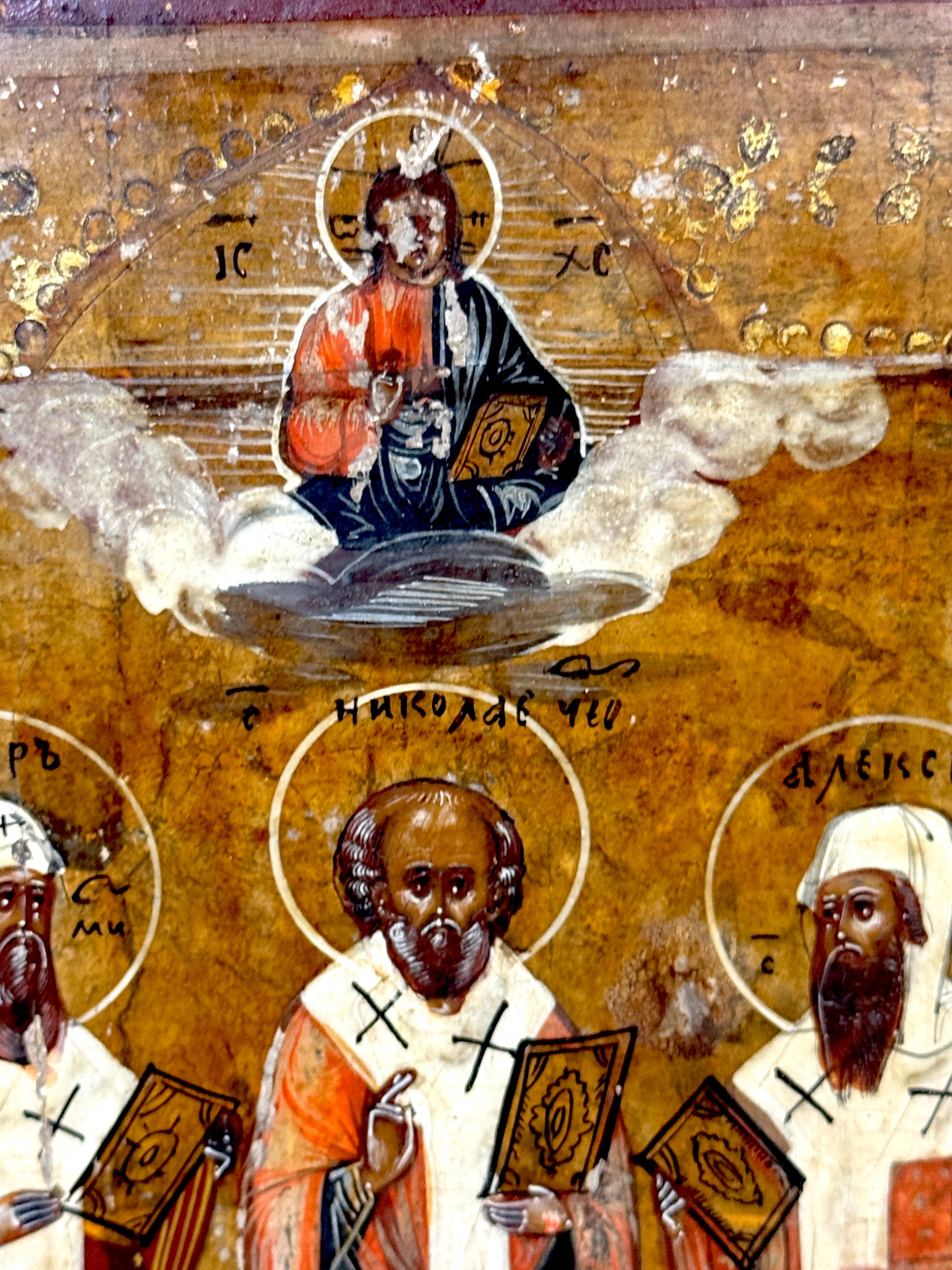 19th Century Russian Icon Synaxis of Hierarch Saints, Christ Pantokrator, 1850s (Russisch) im Angebot