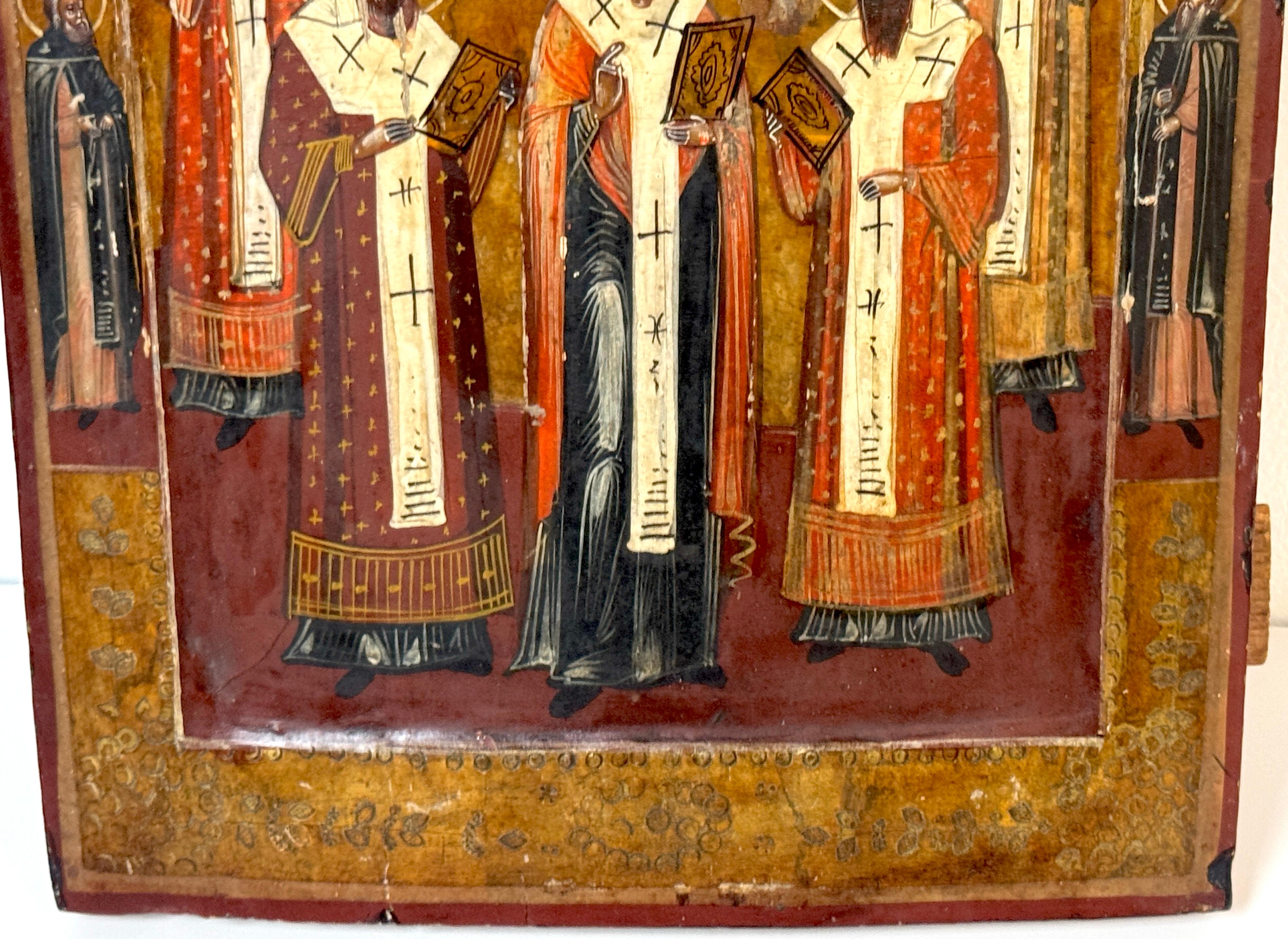 19th Century Russian Icon Synaxis of Hierarch Saints, Christ Pantokrator, 1850s im Zustand „Gut“ im Angebot in West Palm Beach, FL