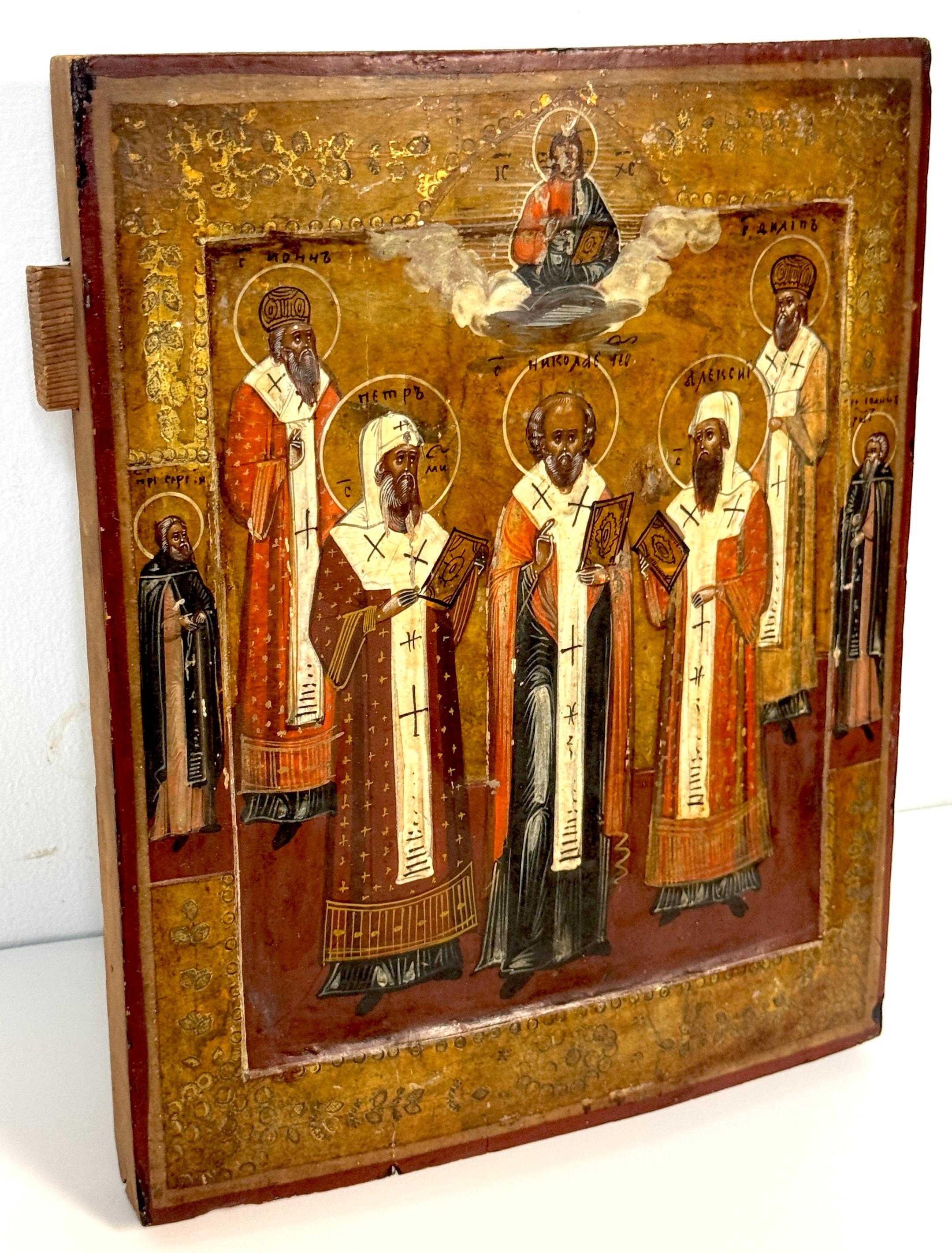 19th Century Russian Icon Synaxis of Hierarch Saints, Christ Pantokrator, 1850s (19. Jahrhundert) im Angebot