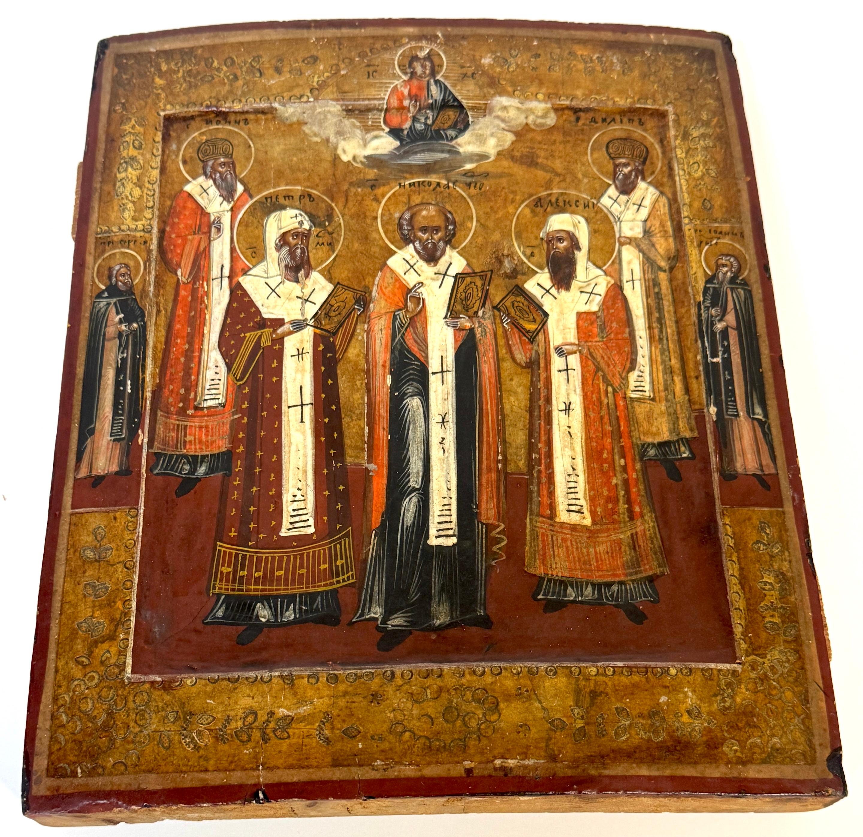 19th Century Russian Icon Synaxis of Hierarch Saints, Christ Pantokrator, 1850s im Angebot 1