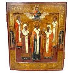 19th Century Russian Icon Synaxis of Hierarch Saints, Christ Pantokrator, 1850s