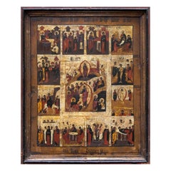 19th Century Russian Icon with Christ's Life Images Painting Oil on Panel