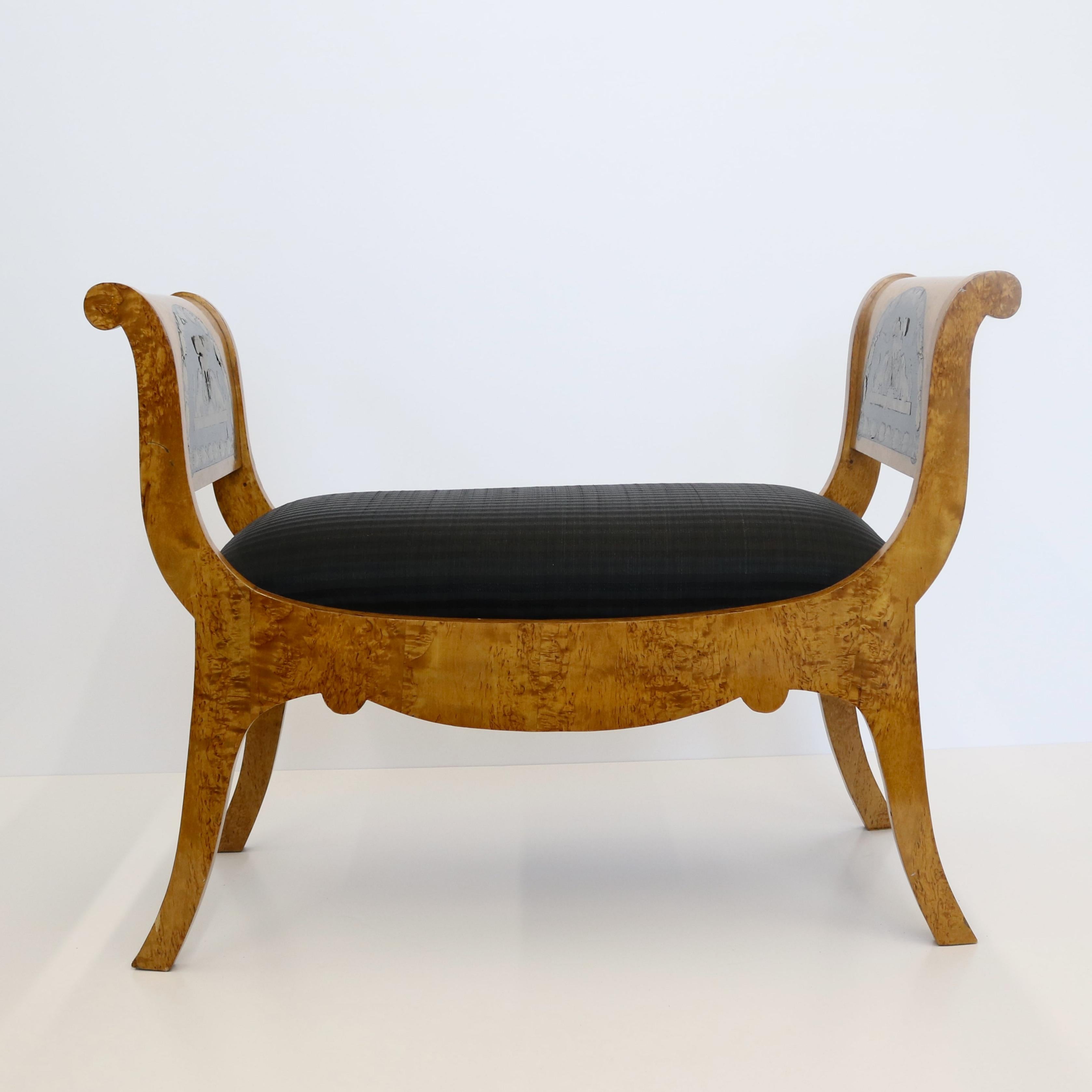 19th Century Russian Karelian Birchwood Bench Boulle Mounts In Good Condition For Sale In New York, NY