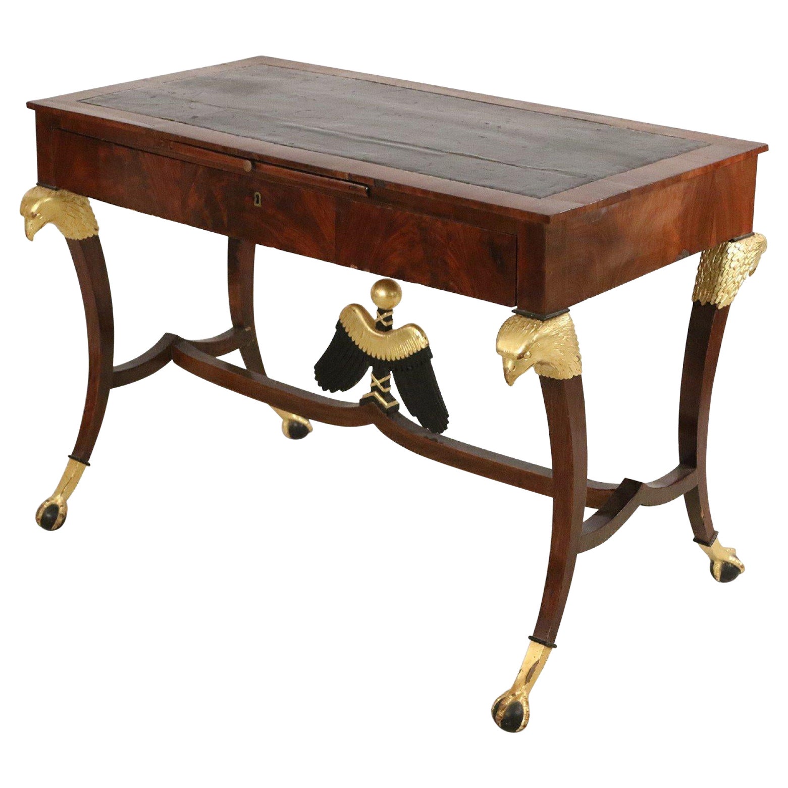 19th Century Russian Mahogany and Gilt Eagle Design Leather Top Desk