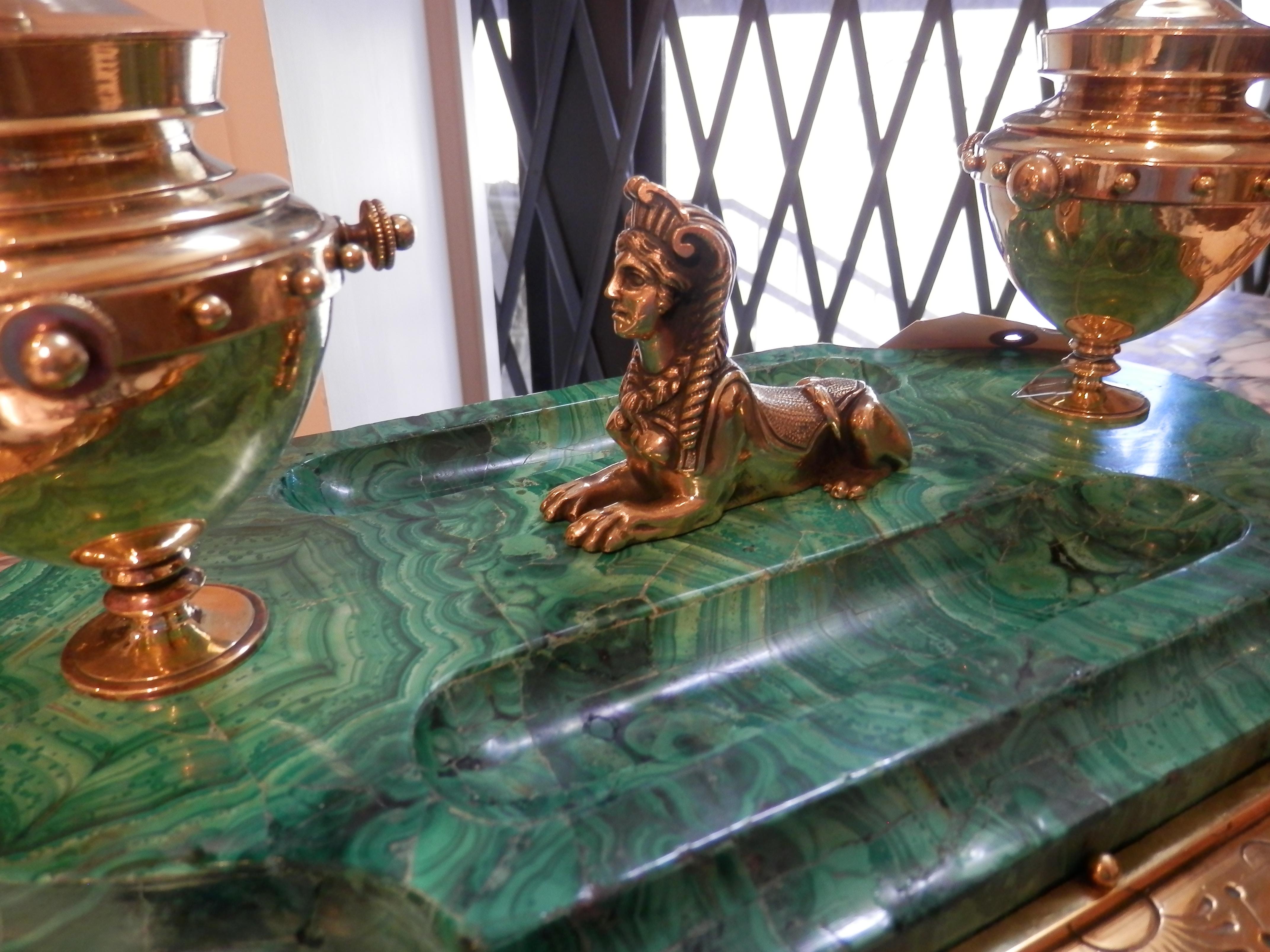 Rare and exceptional 19th century Russian gilt bronze and malachite inkwell. Gilt Sphinx with two ink deposits and double sided pen holders.