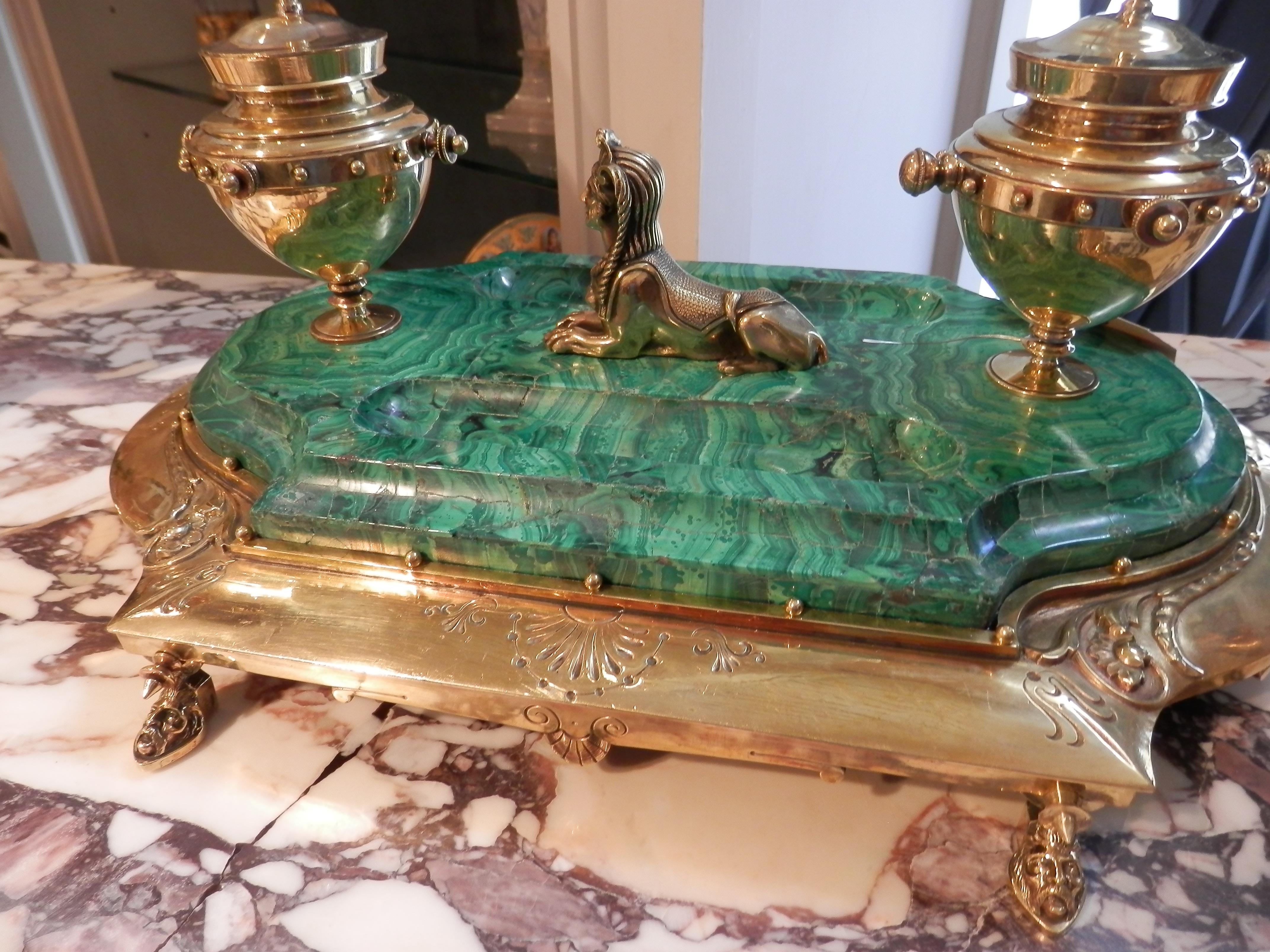 Baltic 19th Century Russian Malachite and Gilt Bronze Large Inkwell For Sale