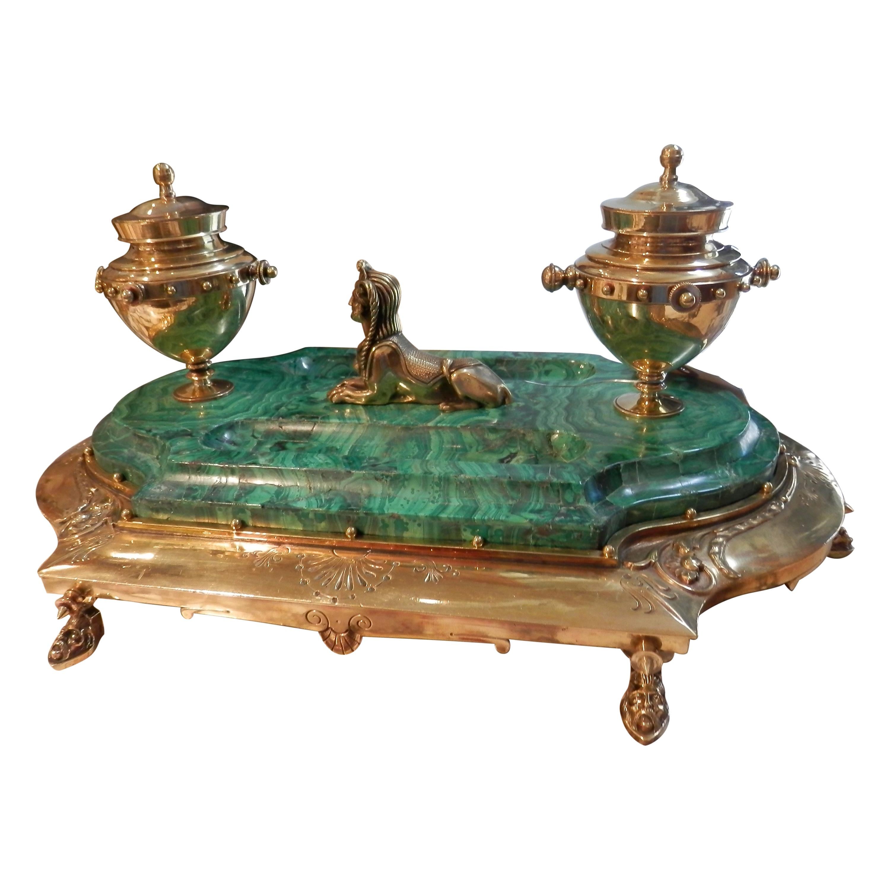 19th Century Russian Malachite and Gilt Bronze Large Inkwell For Sale