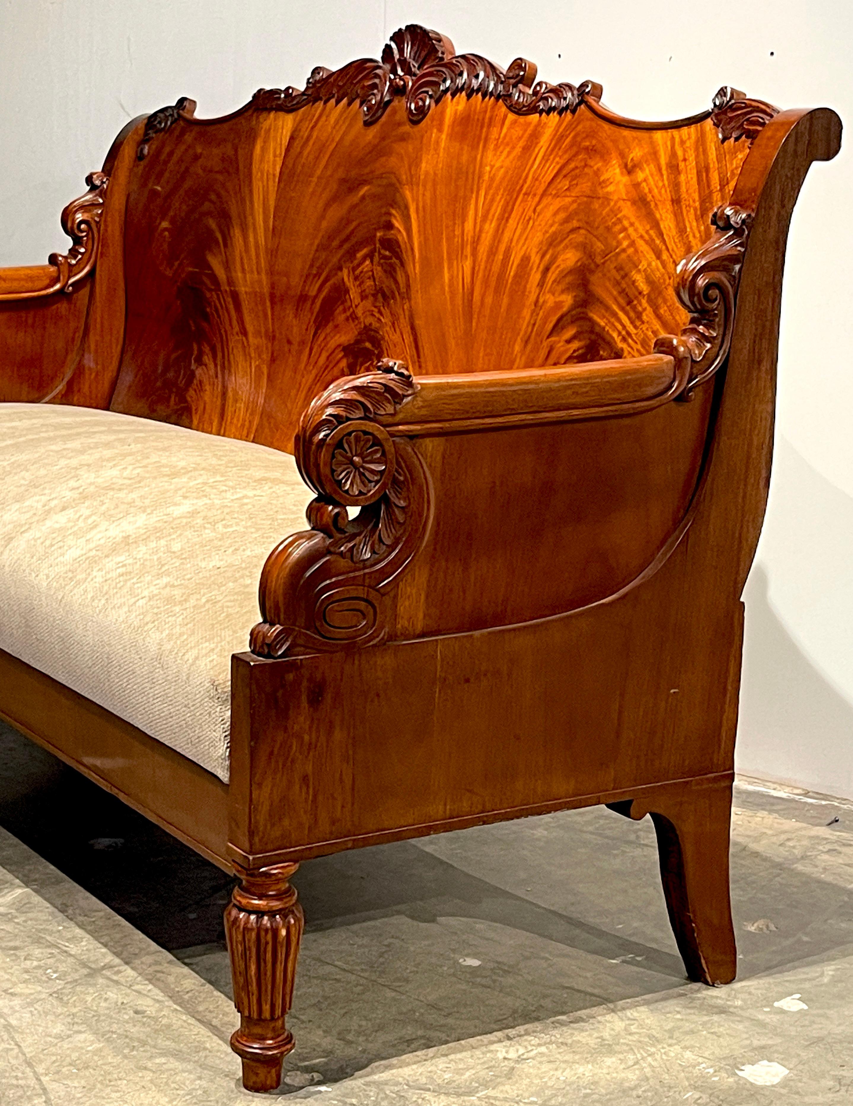 Upholstery 19th Century Russian Neoclassical Flame Mahogany Sofa  For Sale
