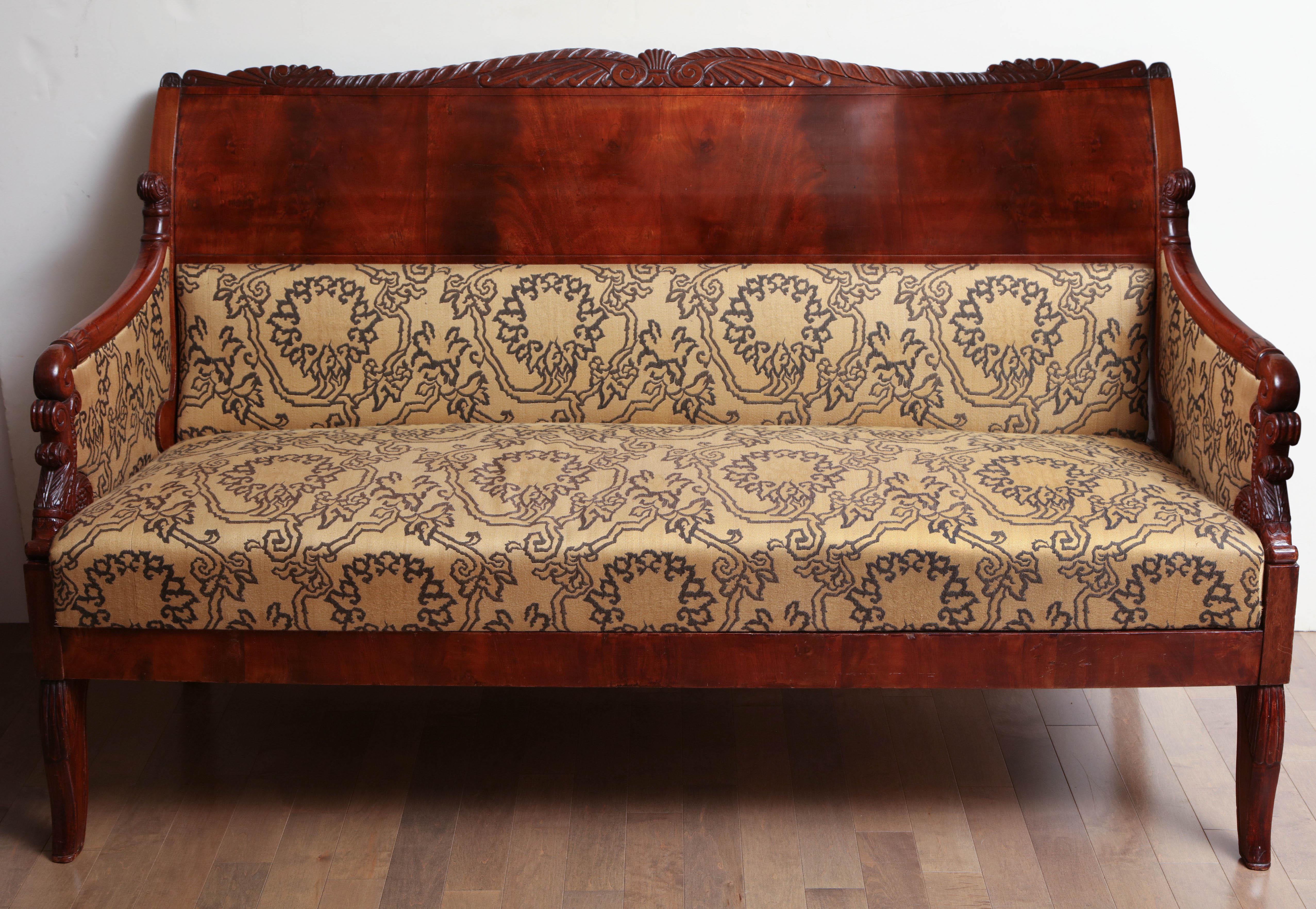 19th Century Russian neoclassical sofa in mahogany, upholstered in Etro fabric.