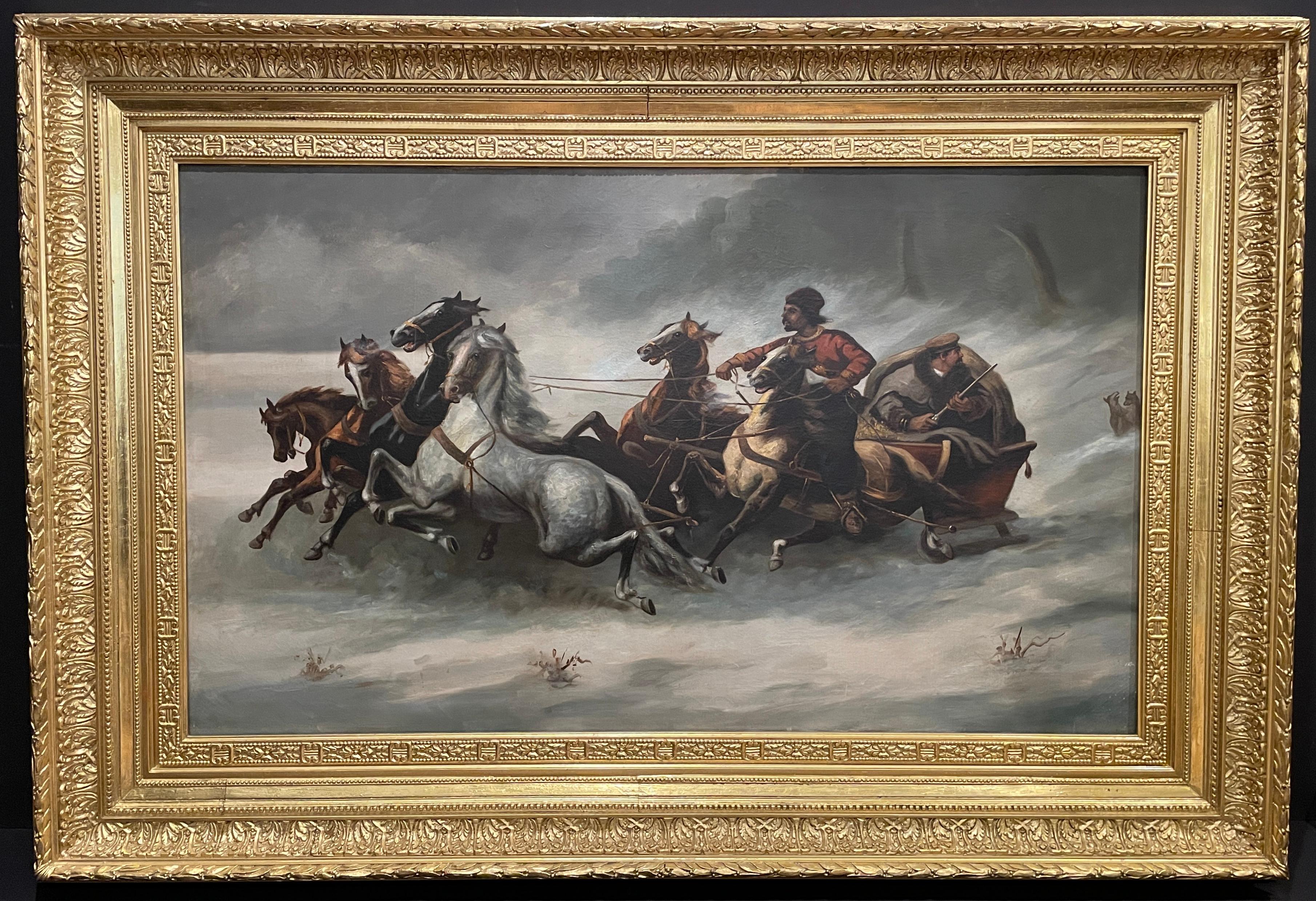Impressive well painted 19th century Russian oil on canvas of hunt scene or chase featuring troika pulled by 6 horses in full stride. Man armed with rifle seated in the vehicle while another controls the team of horses. Hunting dogs follow close