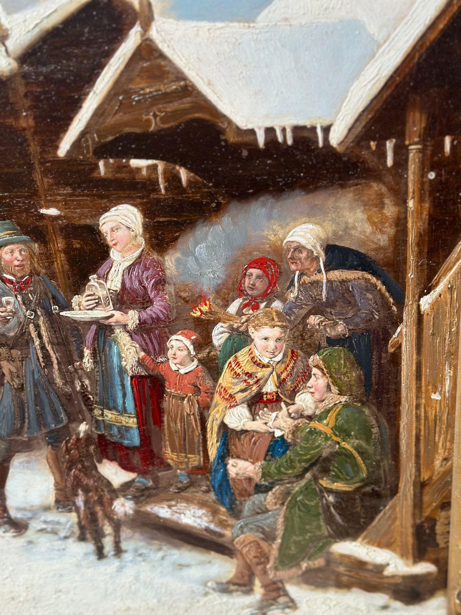 Cette huile sur toile russe du XIXe siècle nous transporte dans un pittoresque village enneigé de Russie. La scène se déroule à l'extérieur d'un charmant cottage, où une famille s'est réunie après une chasse au renne réussie. La toile capture