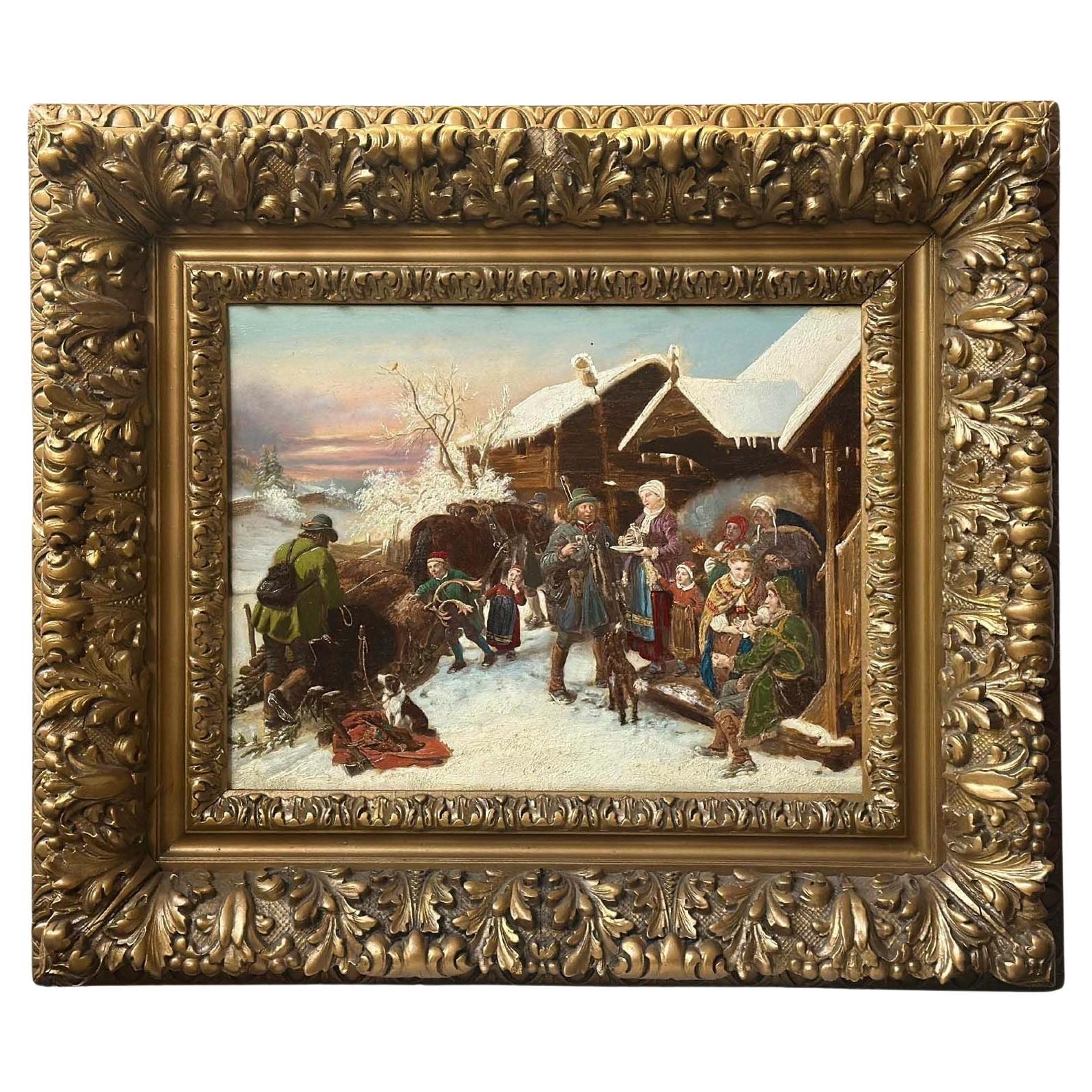19th Century Russian Oil on Canvas of a Reindeer Hunt
