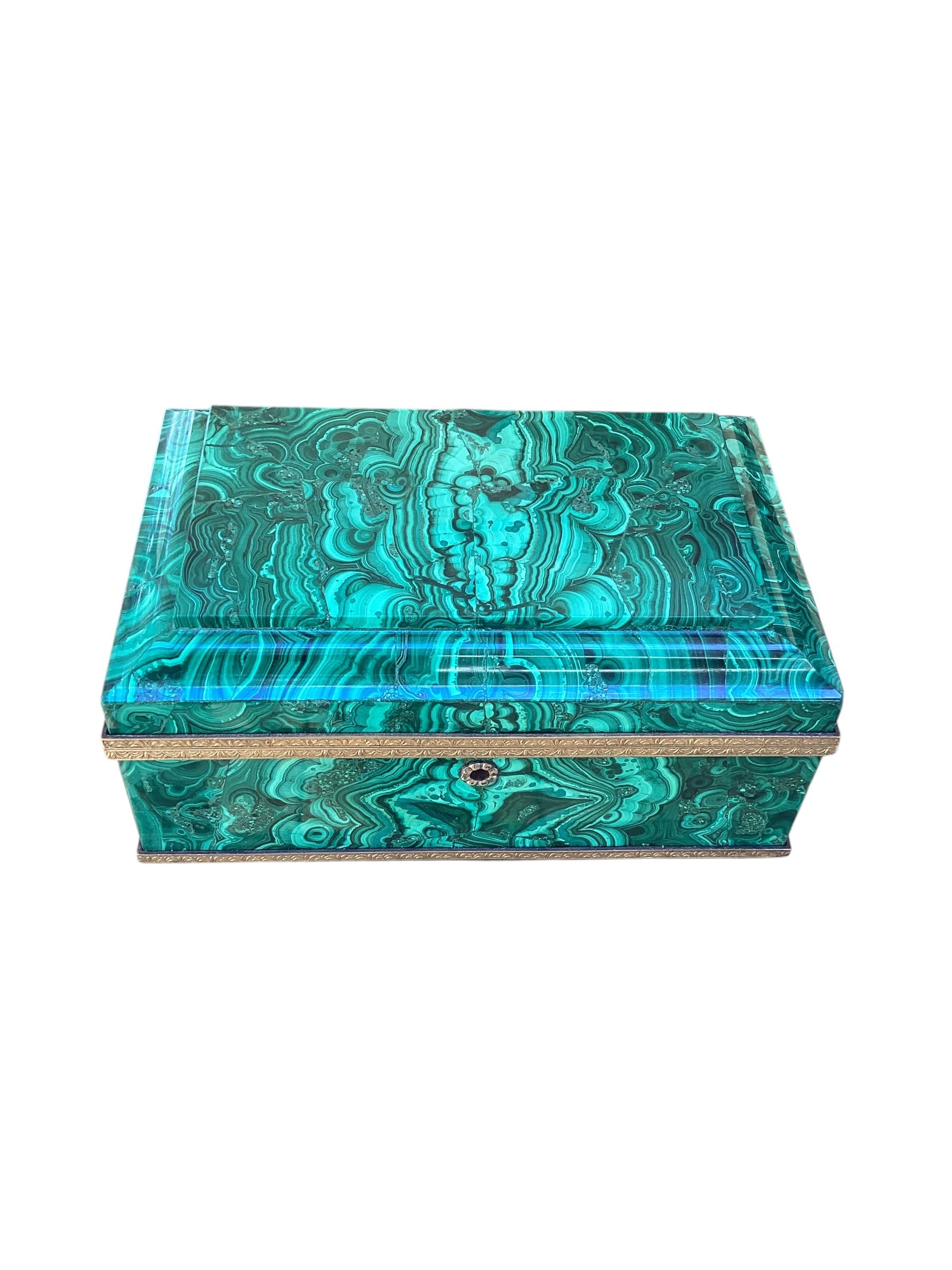Mid Century Russian Ormolu Mounted Malachite Jewelry Casket with Original Key In Good Condition In Chapel Hill, NC
