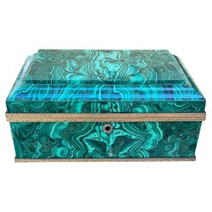 Mid Century Russian Ormolu Mounted Malachite Jewelry Casket with Original Key