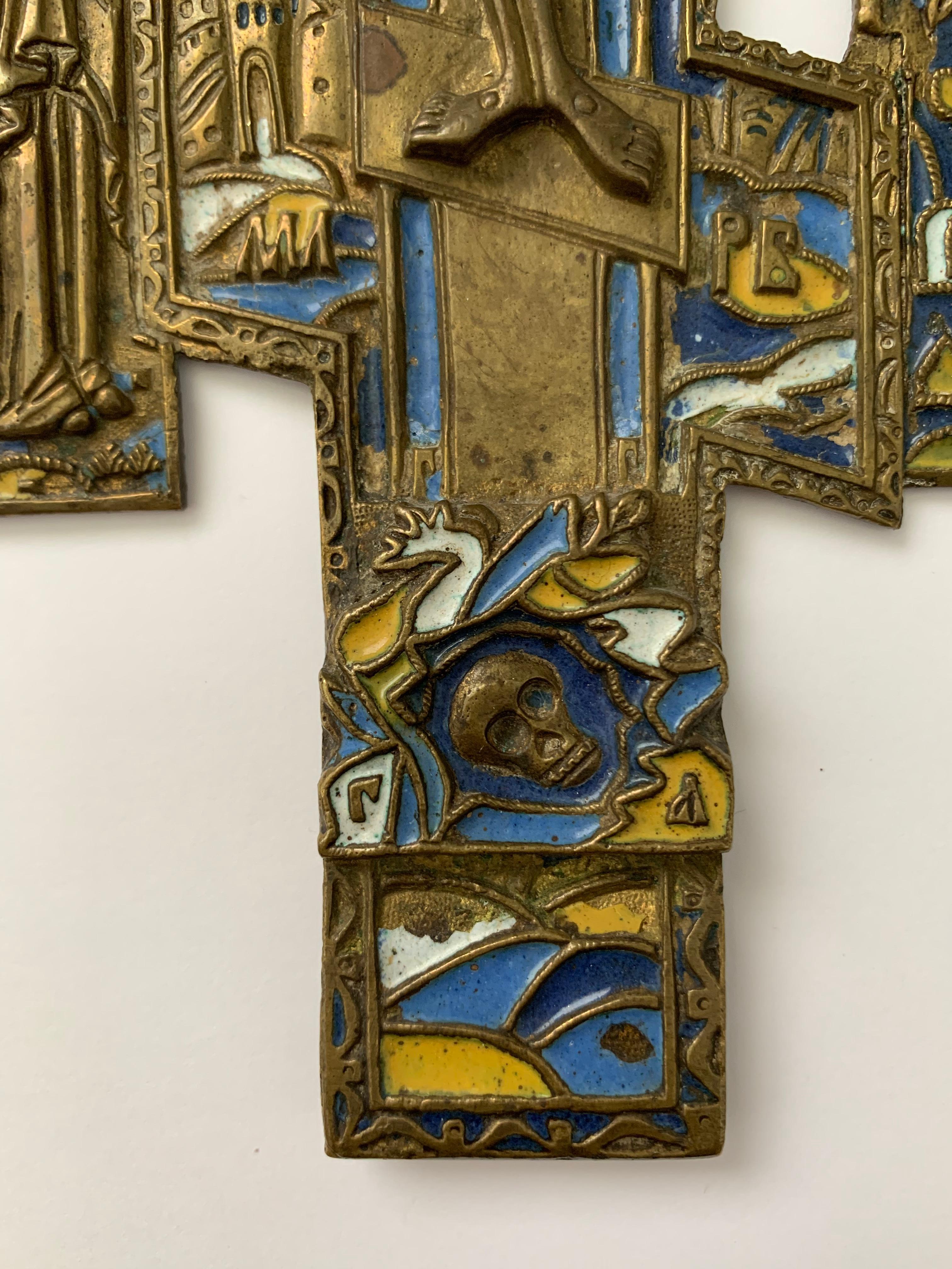 19th Century Russian Orthodox Bronze and Enamel Cross For Sale 1