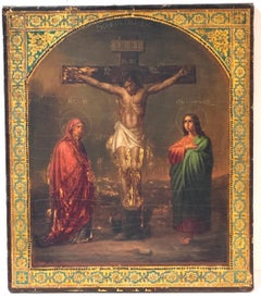 19th Century Russian Orthodox Crucifixion Icon, Inscribed Extensively