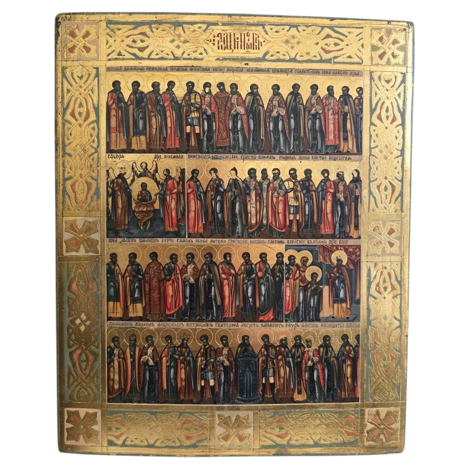 Russisch-orthodoxe Minei-Icone (Menaion) aus dem 19. Jahrhundert mit Heiligen und Festtagen