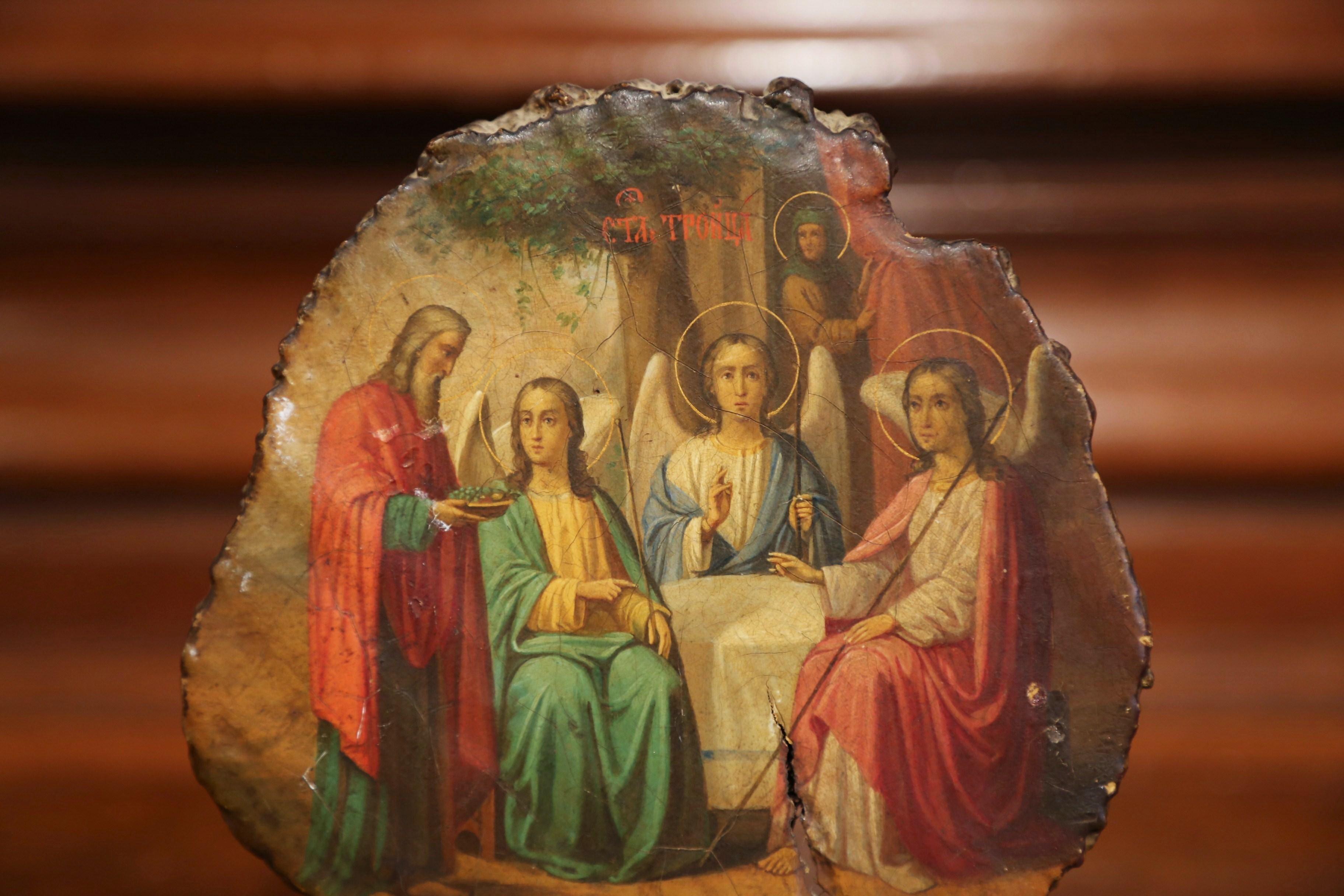 Hand-Painted 19th Century Russian Hand Painted Icon with God Abraham and Three Angels