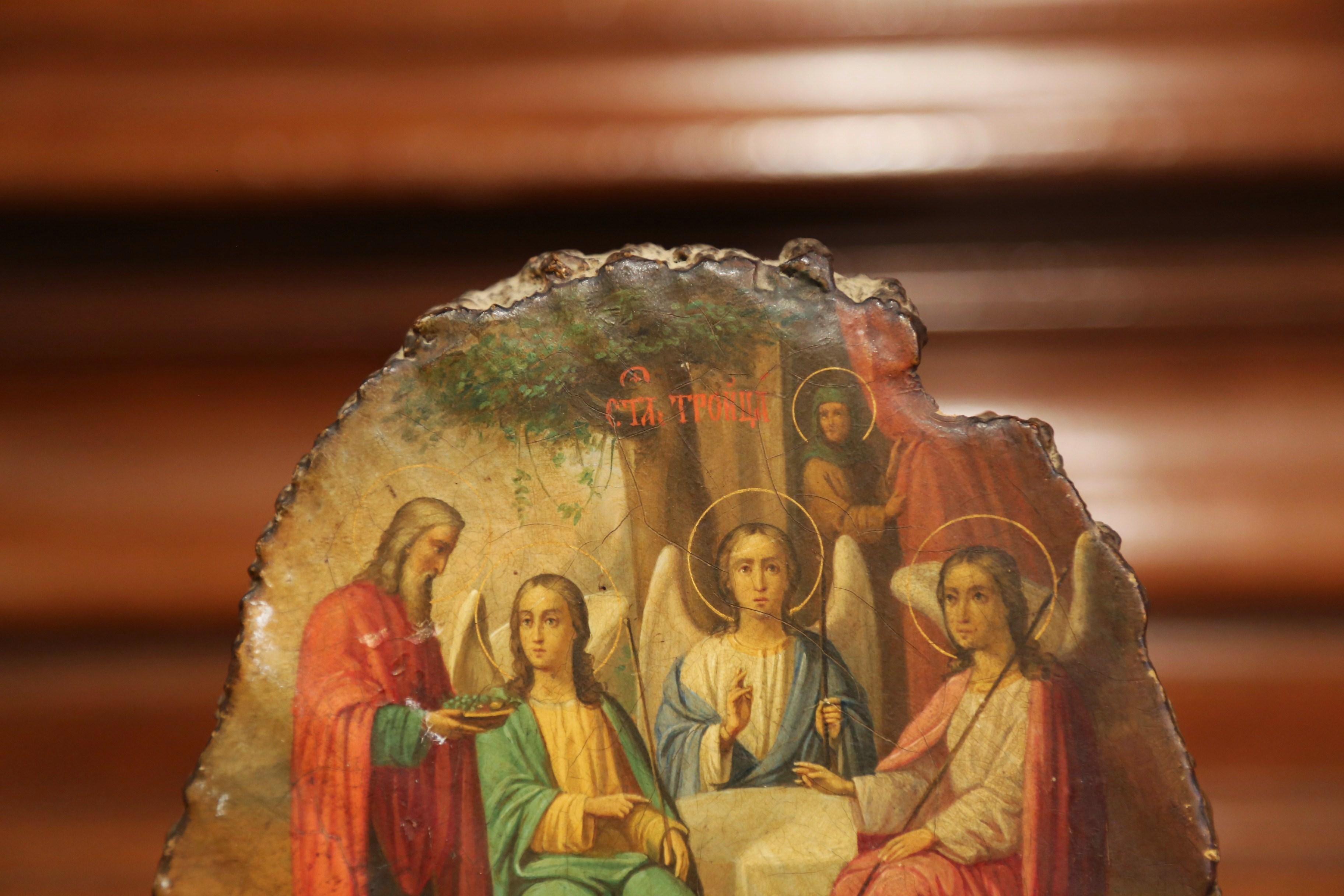 Wood 19th Century Russian Hand Painted Icon with God Abraham and Three Angels