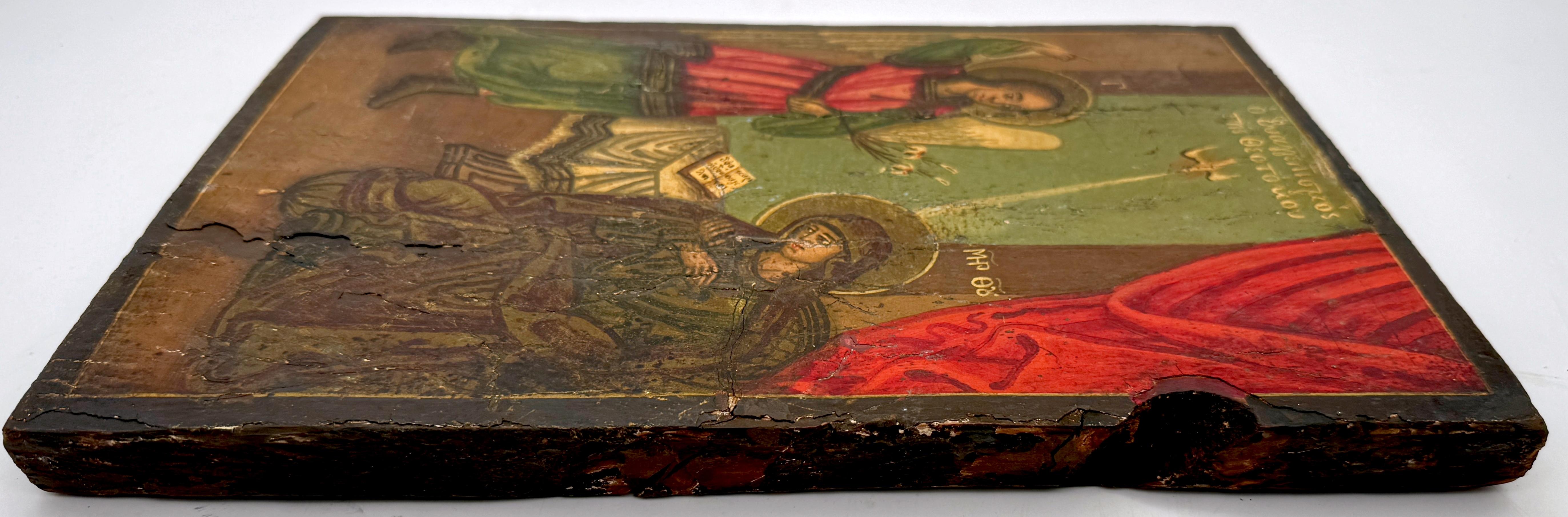19th Century Russian Polychromed Wood Icon “The Annunciation” In Good Condition In West Palm Beach, FL