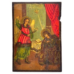 19th Century Russian Polychromed Wood Icon “The Annunciation”