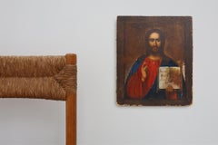 19th-Century Russian Religious Icon of Christ Pantocrator, Hand-Painted on Wood