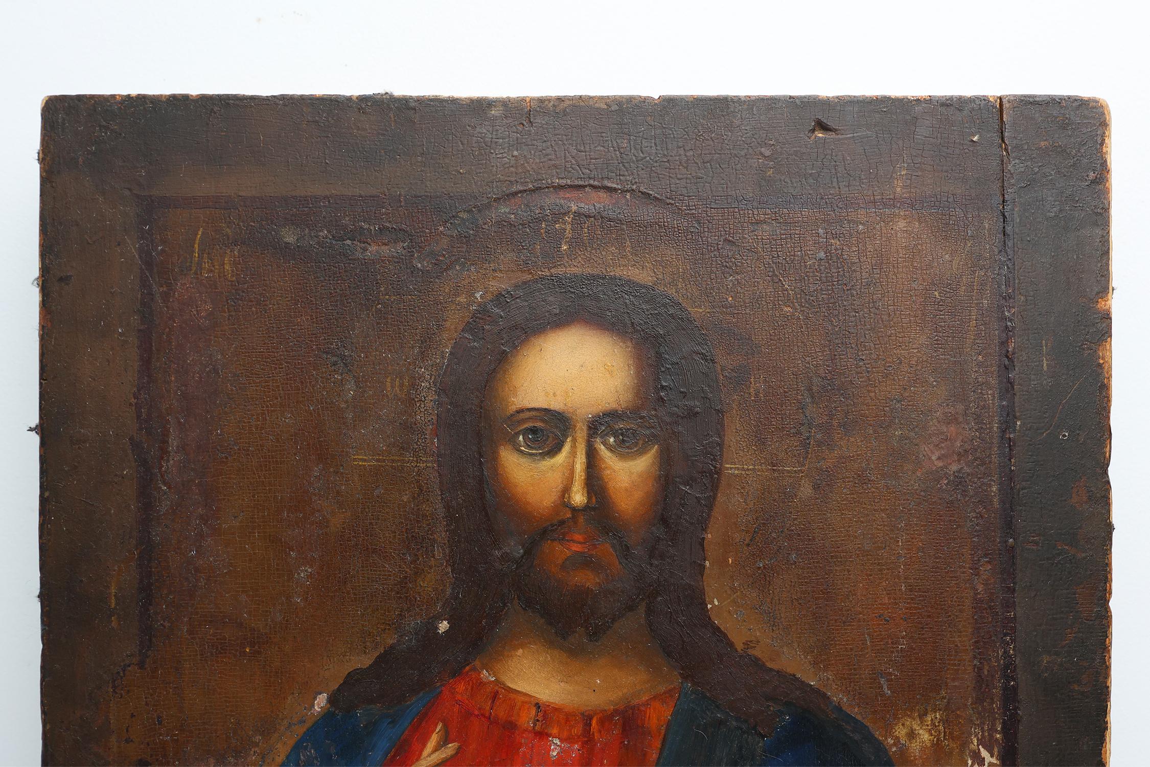 Baroque Icône religieuse russe du XIXe siècle représentant le Christ Pantocrator, peinte à la main sur Wood en vente