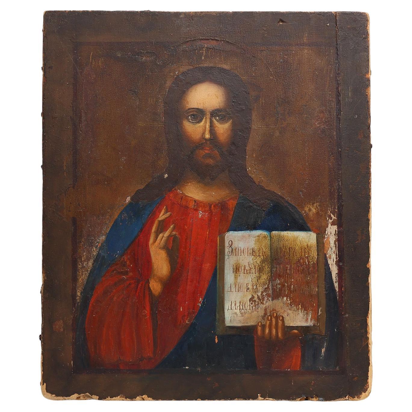 Icône religieuse russe du XIXe siècle représentant le Christ Pantocrator, peinte à la main sur Wood