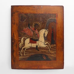 19th-Century Russian Religious Icon of Saint George and the Dragon, Hand-Painted
