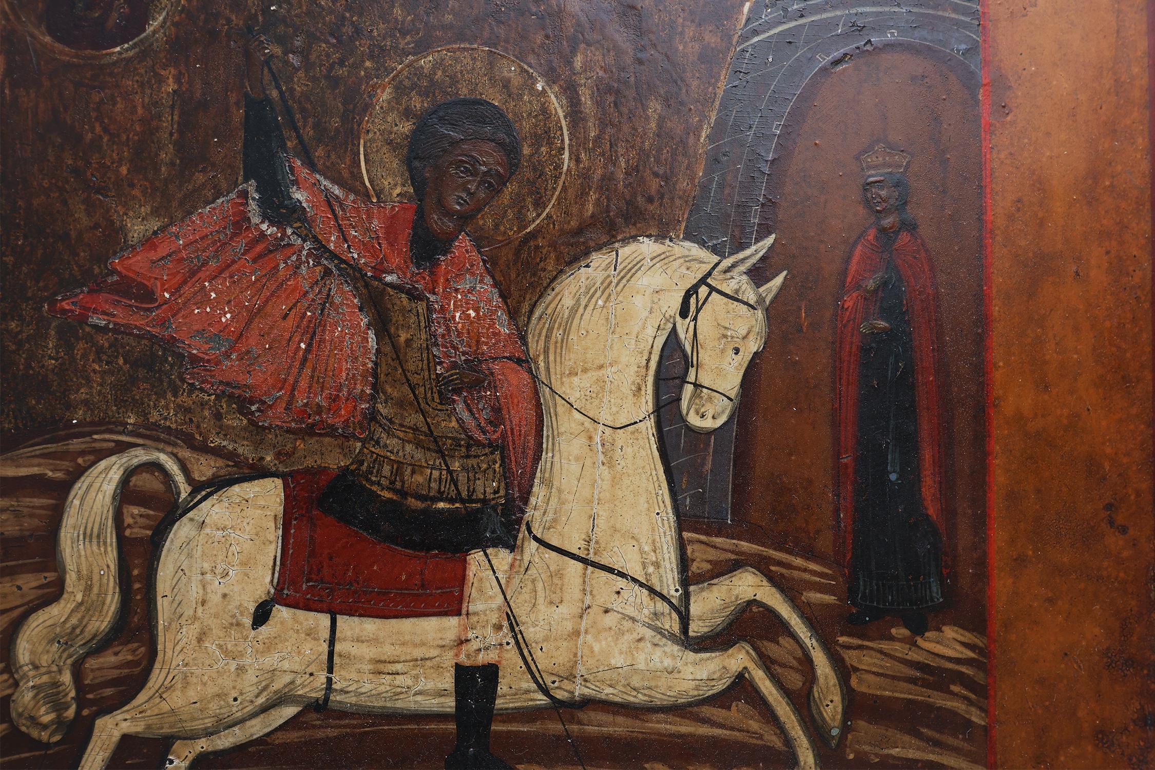 Russe Icône religieuse russe du XIXe siècle représentant Saint George et le dragon, peinte à la main en vente