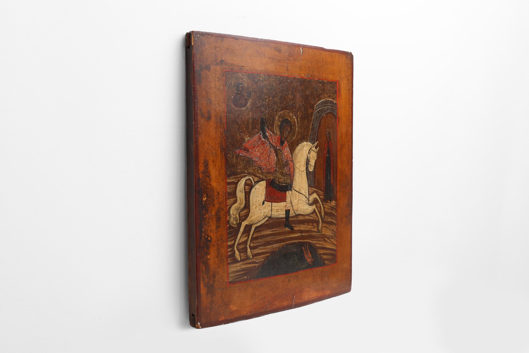 Icône religieuse russe du XIXe siècle représentant Saint George et le dragon, peinte à la main en vente 1