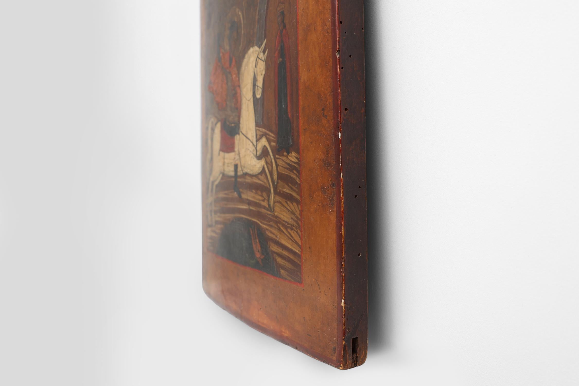 Icône religieuse russe du XIXe siècle représentant Saint George et le dragon, peinte à la main en vente 2