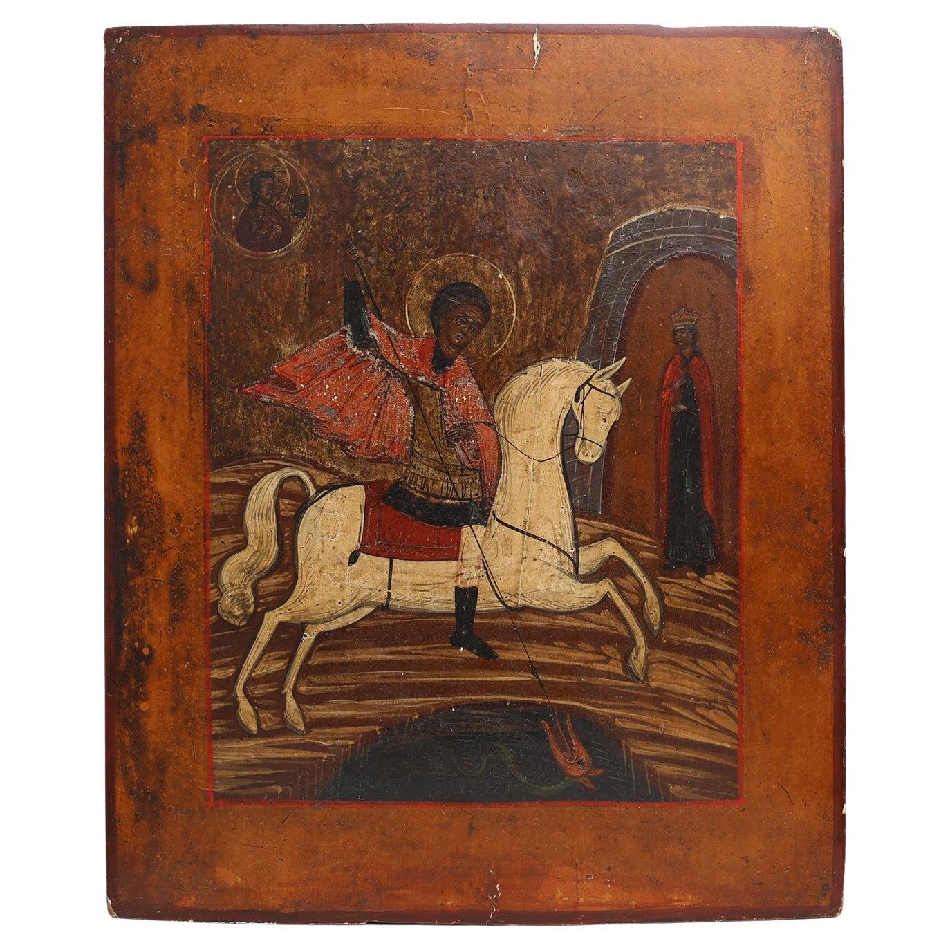 Icône religieuse russe du XIXe siècle représentant Saint George et le dragon, peinte à la main