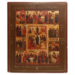 19th-Century Russian Religious Icon of the Twelve Great Feasts, Hand-Painted on