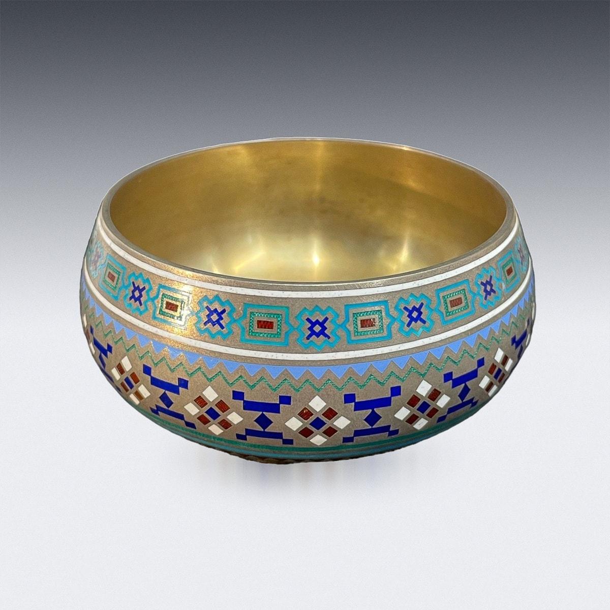 19th Century Imperial Russian solid silver and Champlevé enamel salt, of traditional shape, decorated with geometric forms with reds, greens, blues and white enamels on gilded matted ground. Hallmarked Russian silver 84 (875 standard), Moscow, year