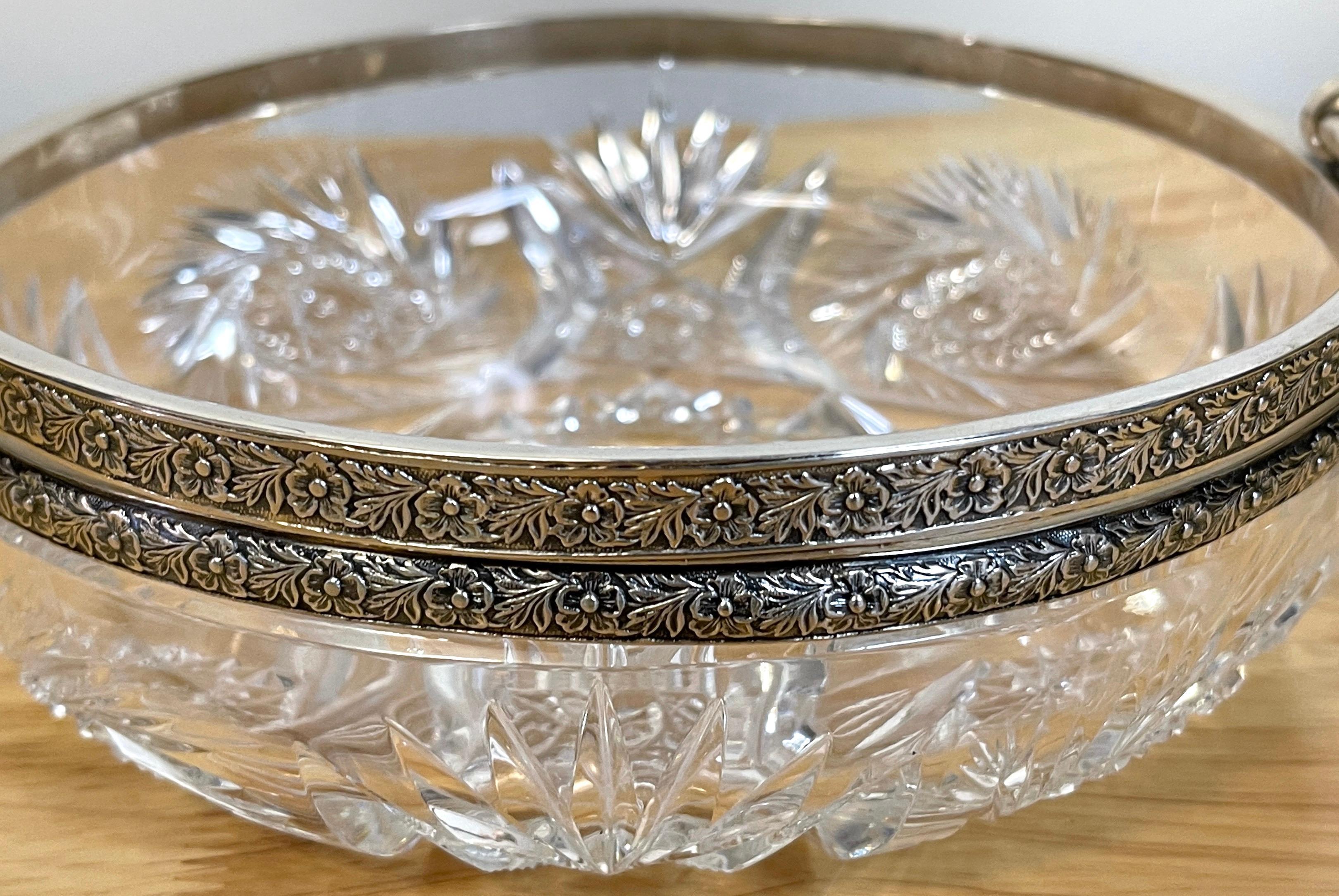 Engraved 19th Century Russian Silver & Cut Glass Swing-Handled Basket For Sale