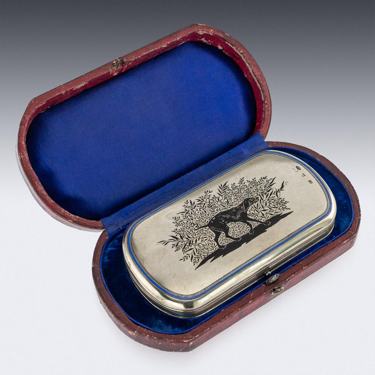 Antique 19th century Imperial Russian large solid silver and enamel cigar case, of rounded rectangular form, the surface applied with black enamel depicting a hunting hound amongst bushes, the reverse lid engraved with an elaborate cartooche within