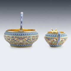 Sucrier et cruche à crème russes en argent et émail du 19ème siècle, Saltykov, vers 1890