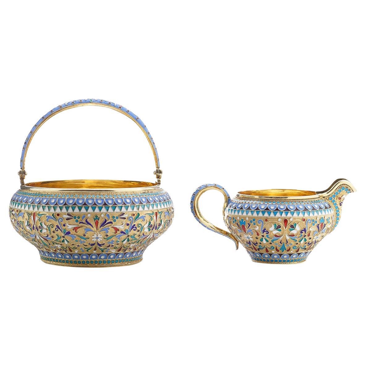 19th Century Russian Silver & Enamel Sugar Bowl & Cream Jug, Saltykov, c.1890
