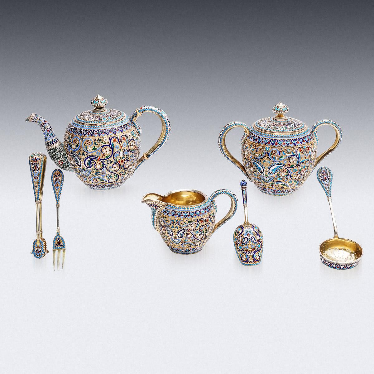 Antique late-19th Century Imperial Russian solid silver-gilt and cloisonne' enamel tea service, mid size and fine quality, richly gilt lobed bodies enamelled with shaded cloisonne' enamel. Hallmarked Russian silver 84 (875 standard), Moscow, 1890's,
