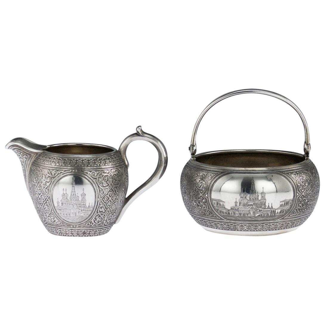 19th Century Russian Silver 
Niello Sugar Bowl 
Cream Jug, Moscow, circa 1892