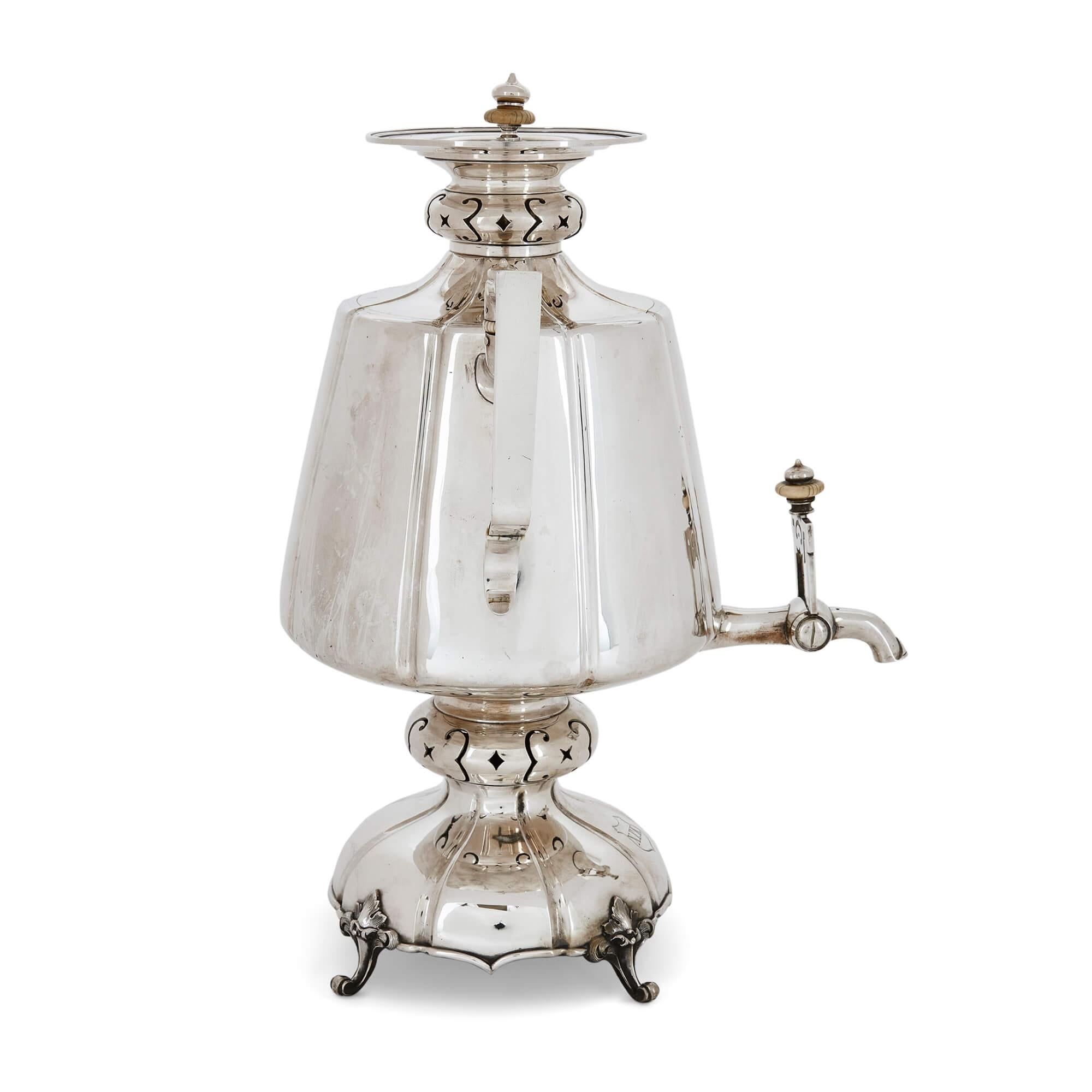 19th century Russian silver samovar 
Russian, 1875
Height 42cm, width 28cm, depth 31cm

This elegant silver samovar was crafted by Russian craftsmen in 1875. Samovars are a very important object within Russian culture making the example in Mayfair