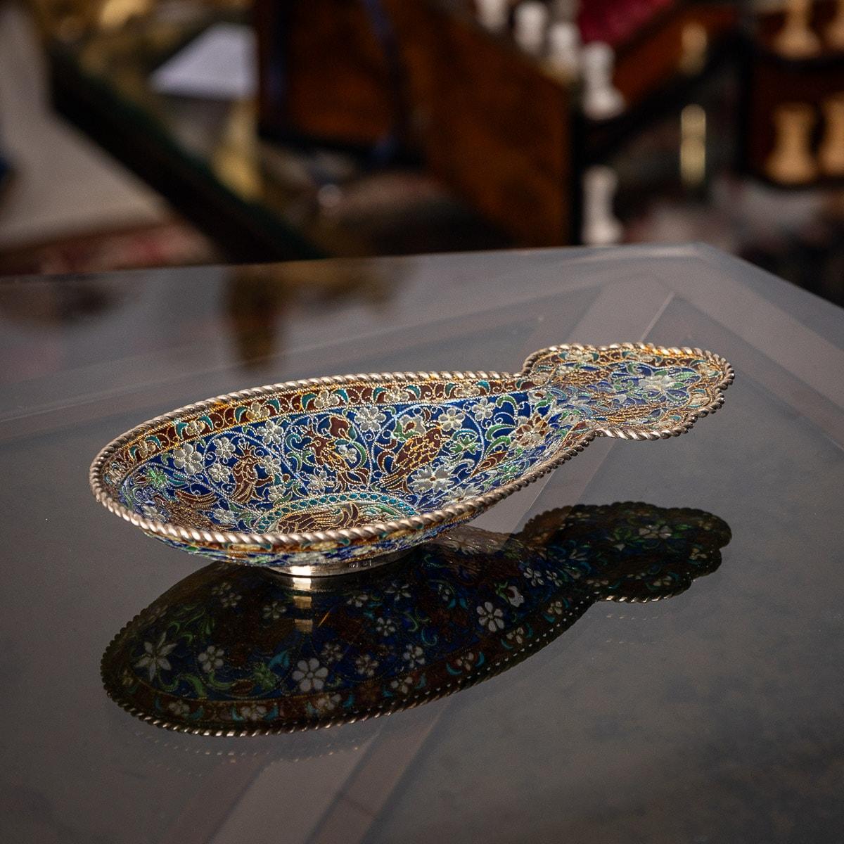 Antique 19th century imperial Russian solid silver-gilt and plique-a-jour enamel kovsh. Oval, with raised shaped trefoil handle, decorated with exotic birds, flowers and floral scrolls in red, blue, pink, green and white within red and twist wire