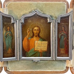 19th Century Russian Solid Silver & Tryptic Traveling Icon, circa 1890