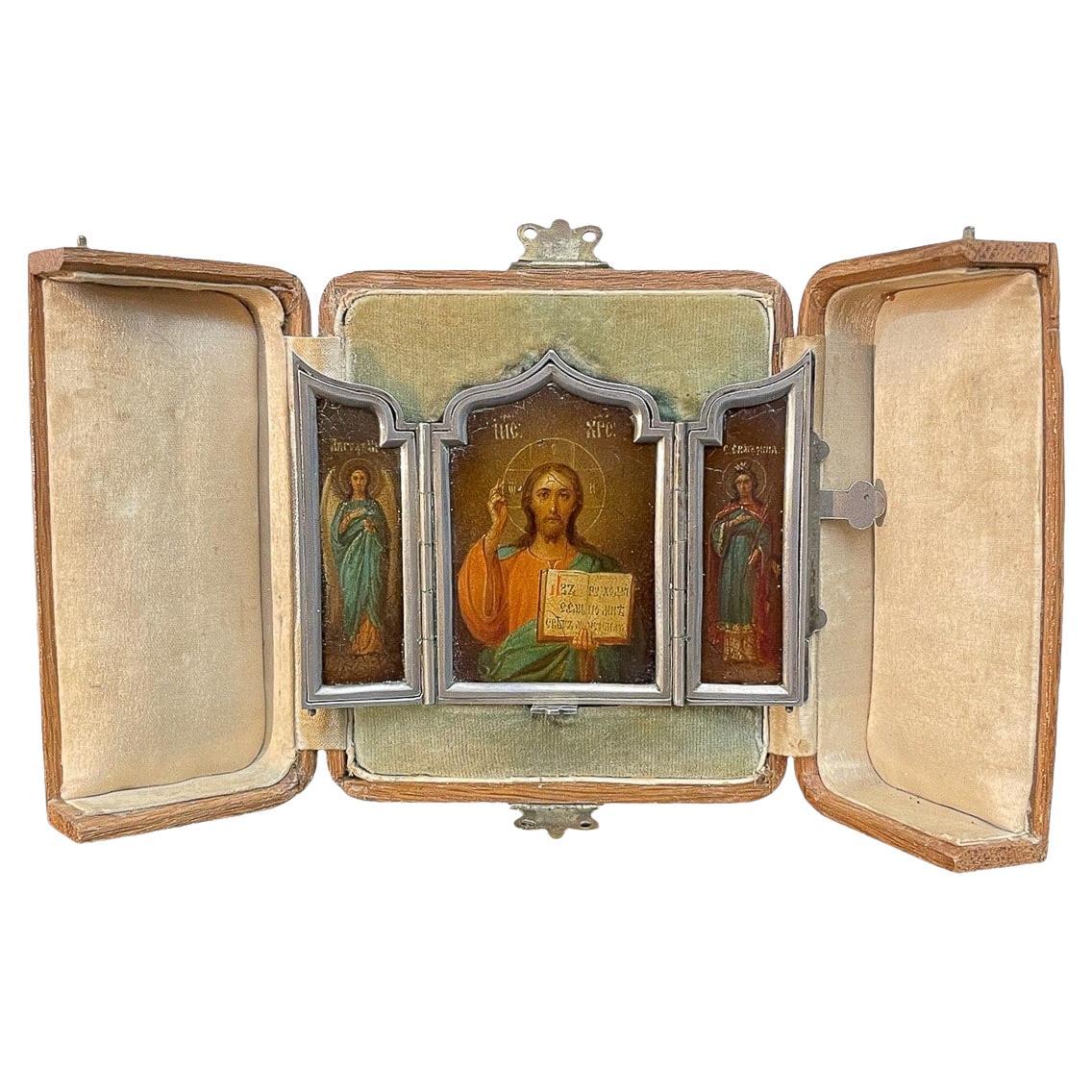 19th Century Russian Solid Silver & Tryptic Traveling Icon, circa 1890