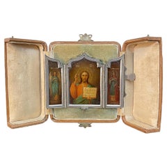 19th Century Russian Solid Silver & Tryptic Traveling Icon, circa 1890
