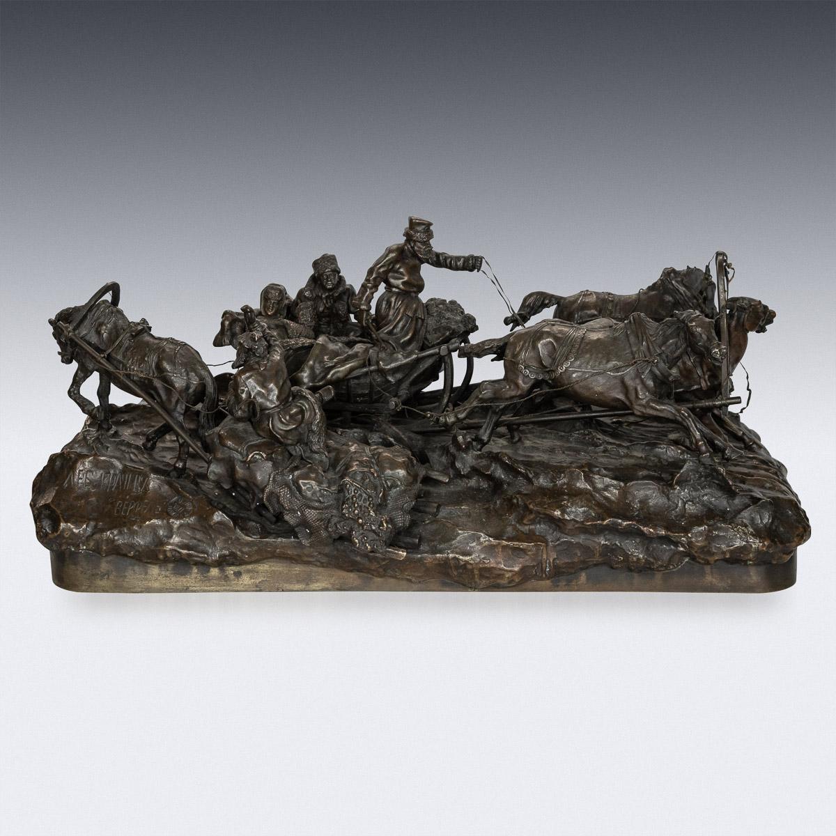 Antique 19th century Russian patinated bronze group of a speeding troika passing a peasant sleigh, on a rectangular naturalistic base, the figures realistically cast as a coachman driving three horses (Troika), with two passengers at the back,