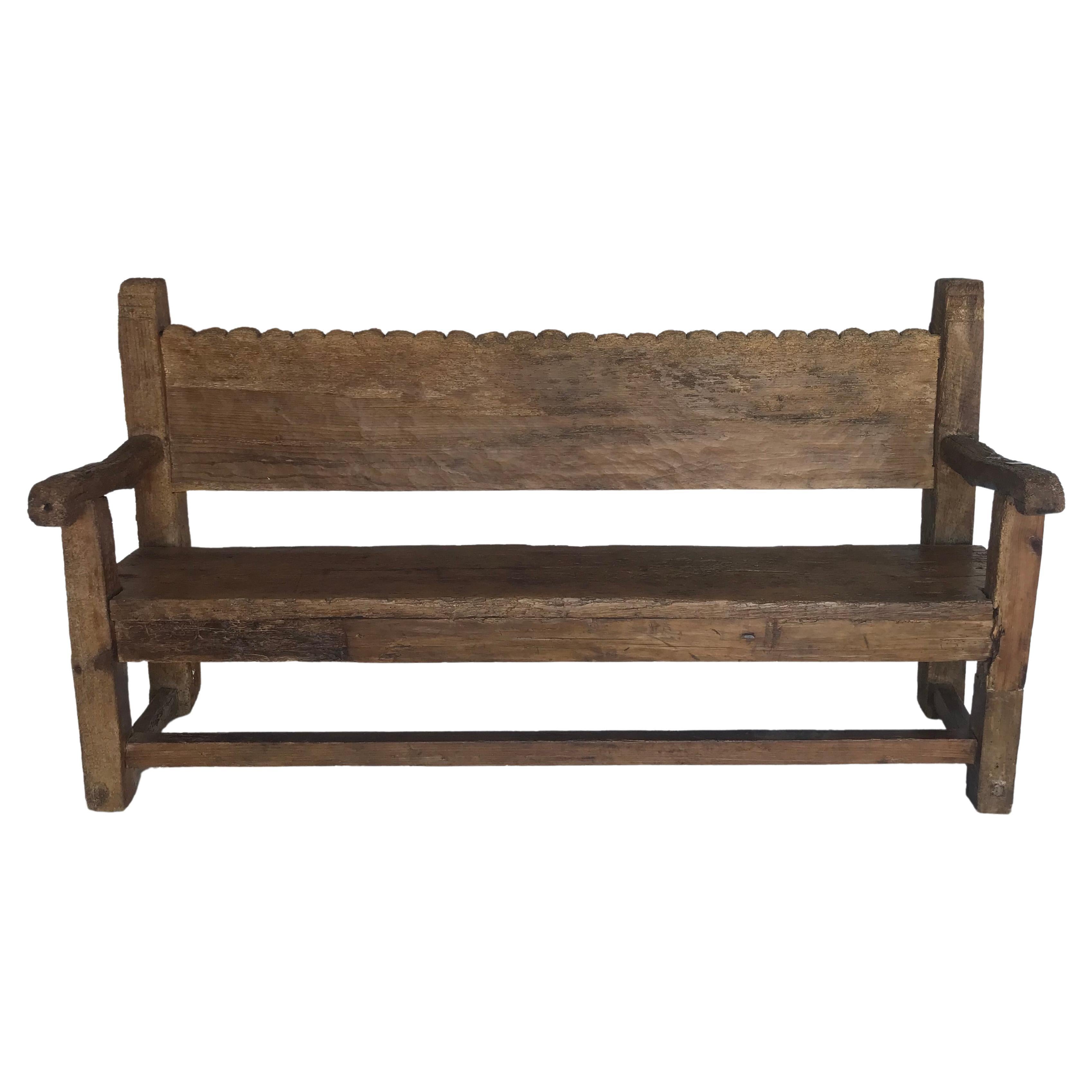 19th Century Rustic Bench with Scalloped Back