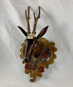 19th Century Rustic Black Forest Carved Painted Walnut & Antler Deer Wall Plaque